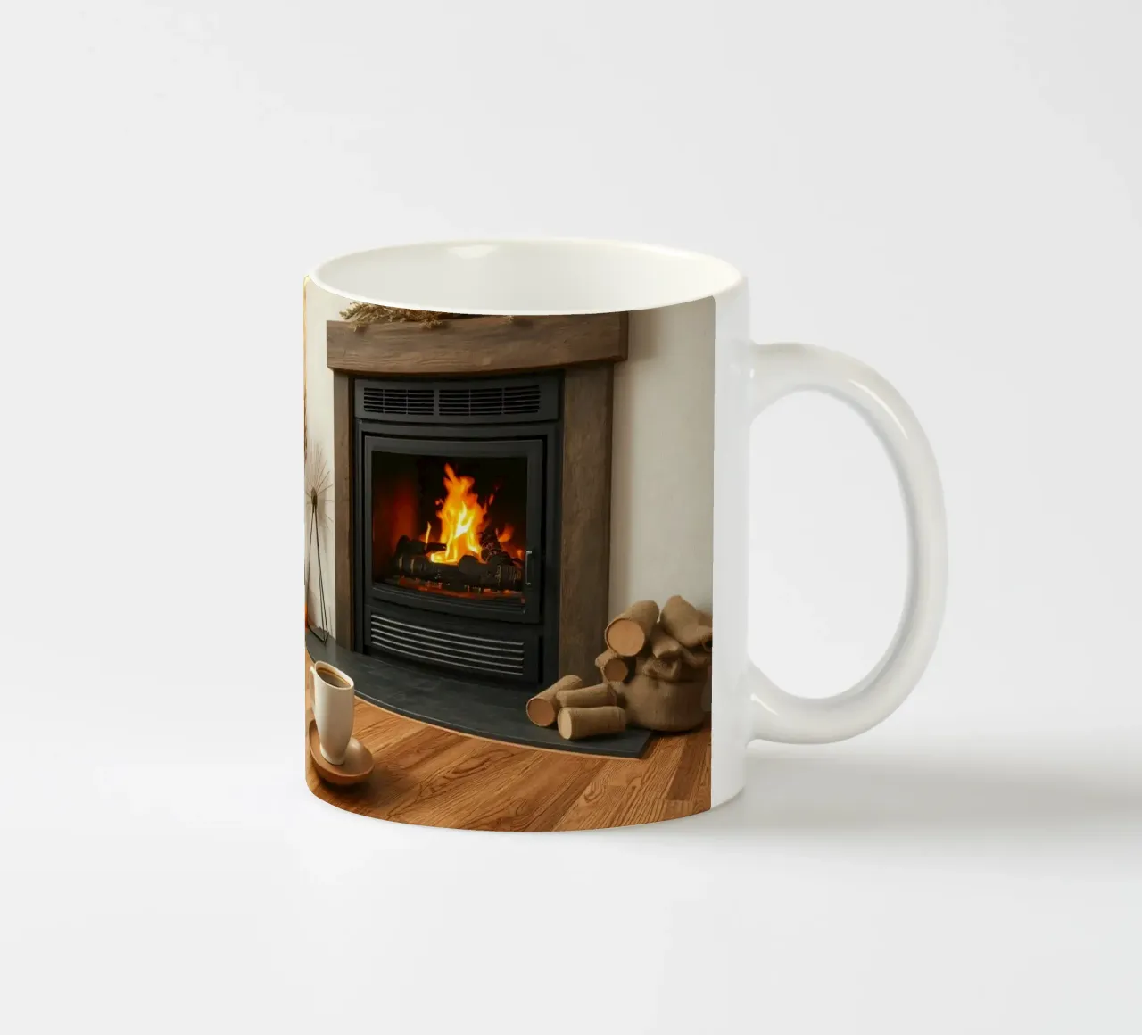 Salon d'automne confortable avec une cheminée, un feu chaleureux et un c mug en céramique de DesignDoodle