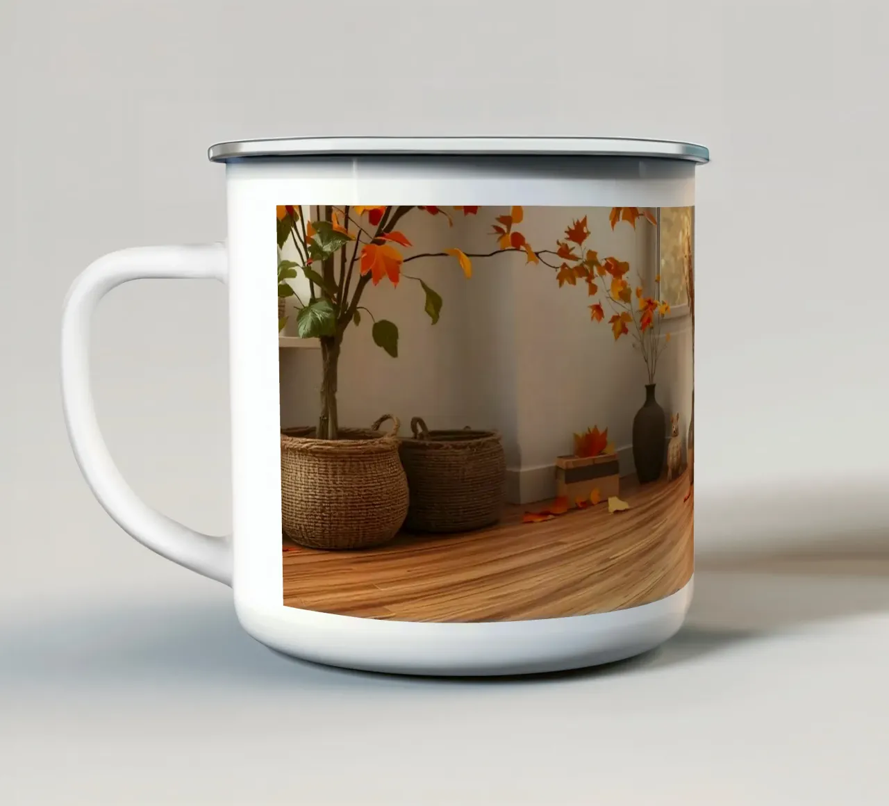 Salon d'automne confortable avec une cheminée, un feu chaleureux et un c mug en émail de DesignDoodle