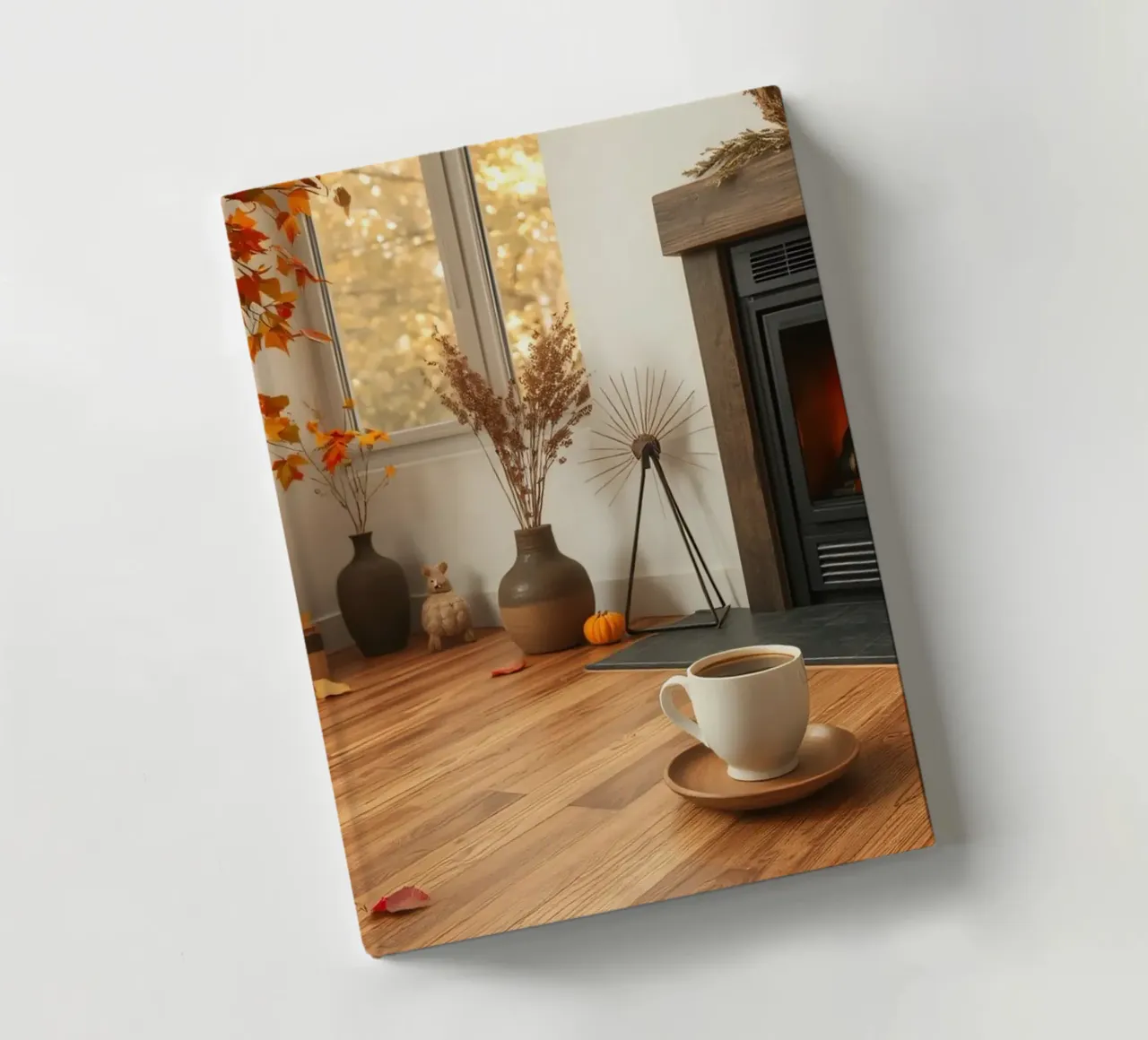 Salon d'automne confortable avec une cheminée, un feu chaleureux et un c carnet de notes de DesignDoodle