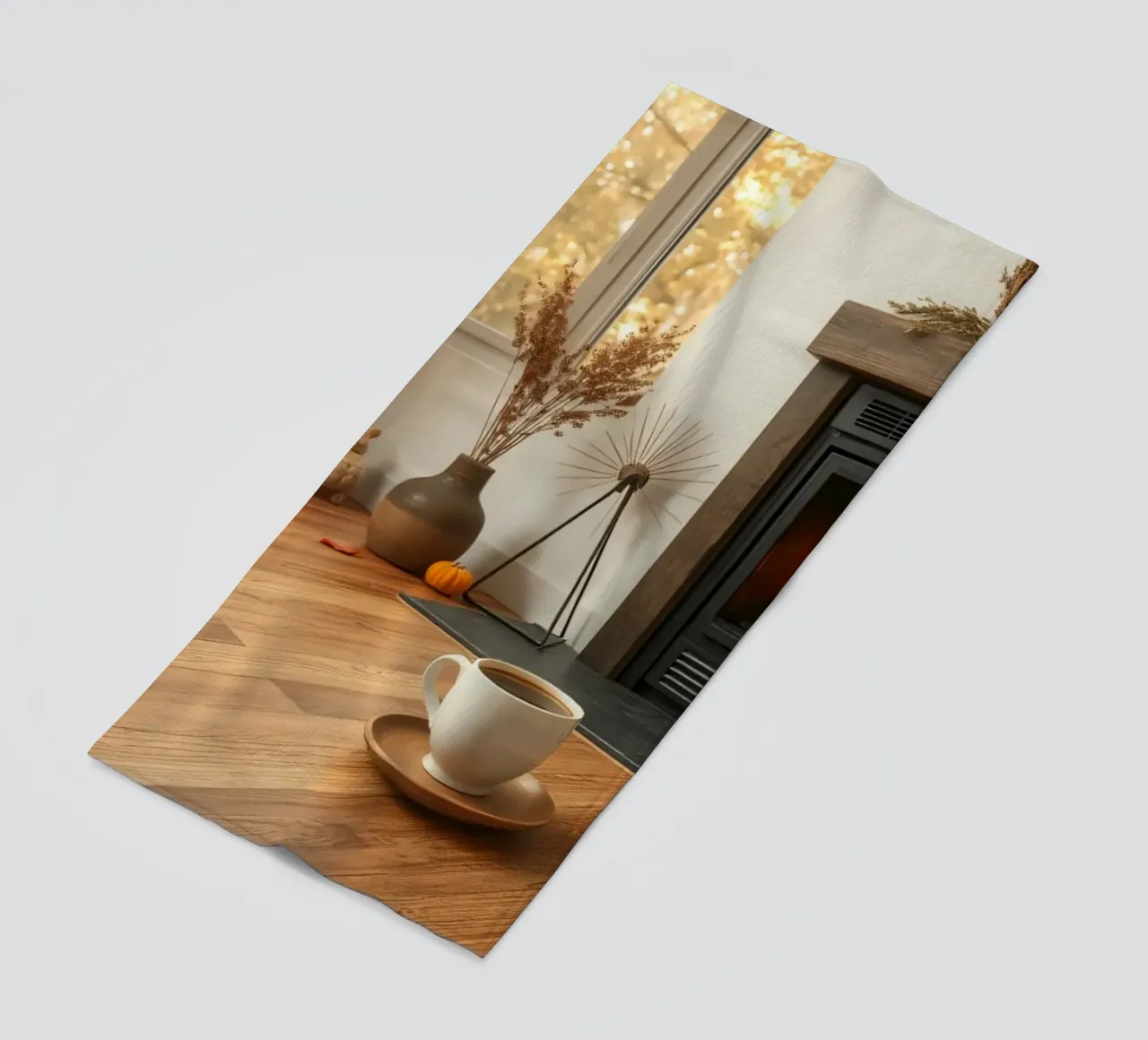 Salon d'automne confortable avec une cheminée, un feu chaleureux et un c serviette de plage de DesignDoodle