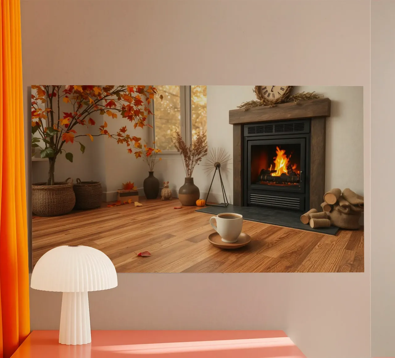 Salon d'automne confortable avec une cheminée, un feu chaleureux et un c alu dibond de DesignDoodle
