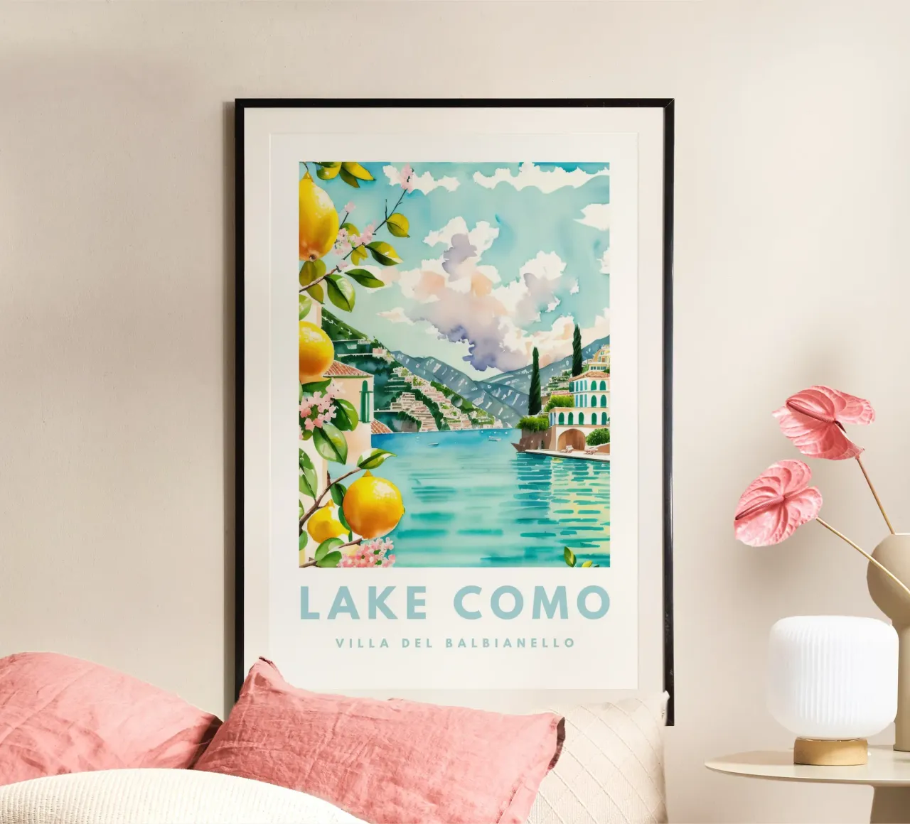 Italien Druck, Zitrone Poster, Comer See Illustration Poster mit Holzrahmen von Bella Studio