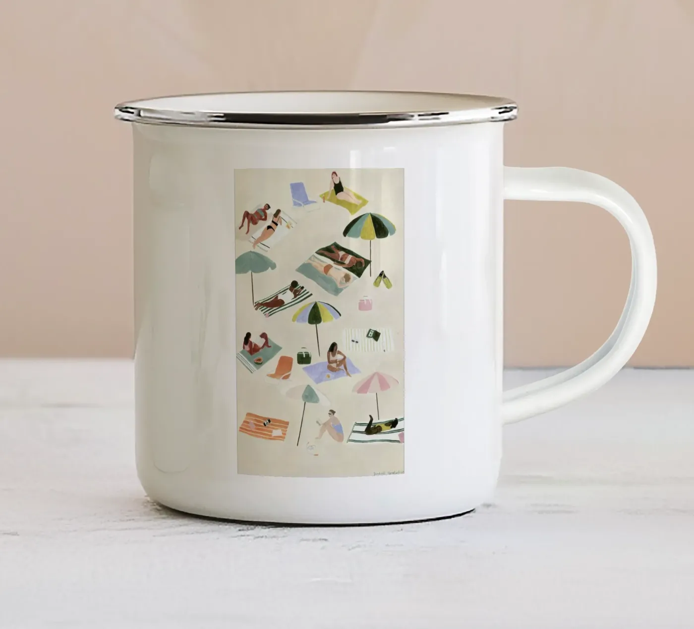 Sunbathing enamel mug by Isabelle Vandeplassche