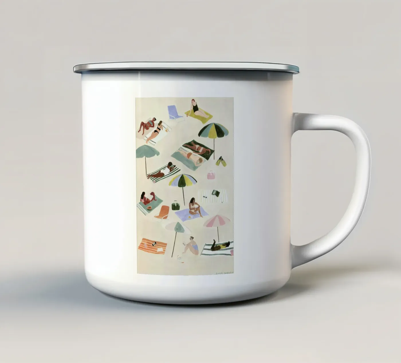 Sunbathing enamel mug by Isabelle Vandeplassche