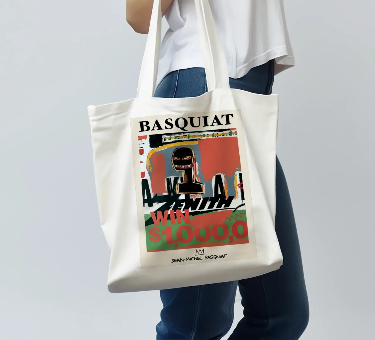 Basquiat "Zenith (Vincere 1000 dollari)" Icona neo-espressionista in grassetto borsa in juta da NorwesClub