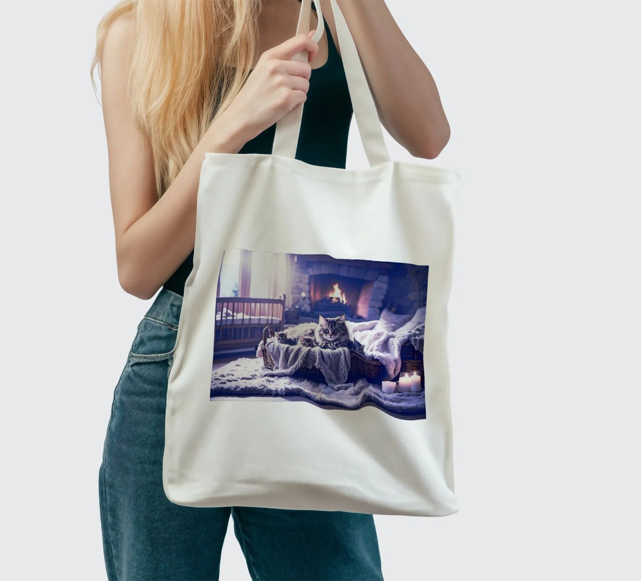 CHATTE ET TROIS CHATONS. Mauve borsa in juta da Thierry vobmann photography