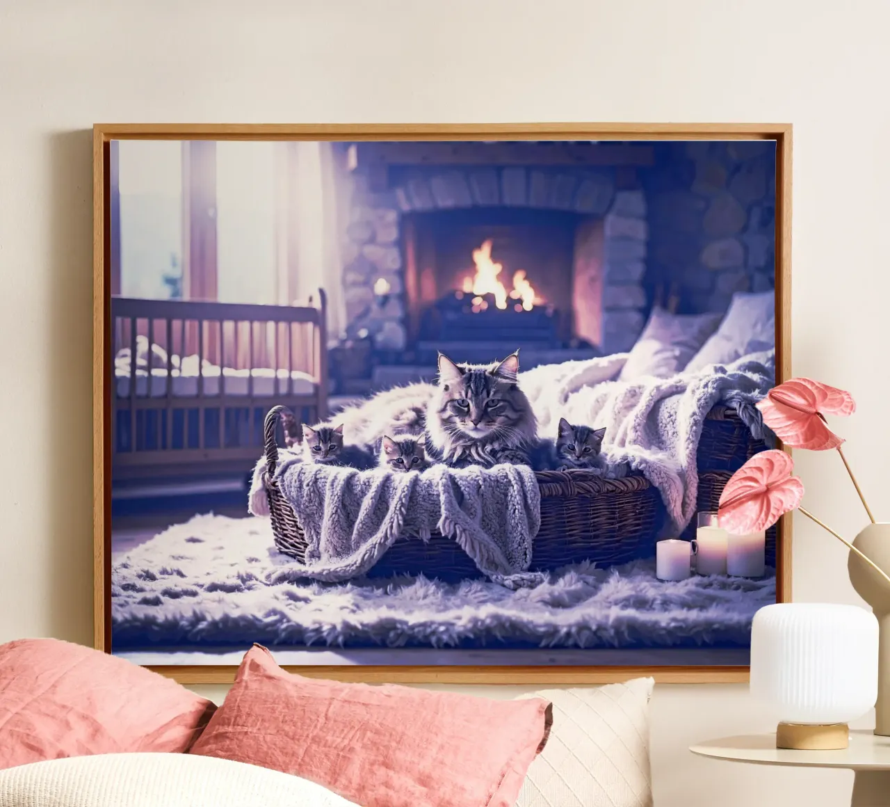 CHATTE ET TROIS CHATONS. Mauve canvas met Baklijst van Thierry vobmann photography
