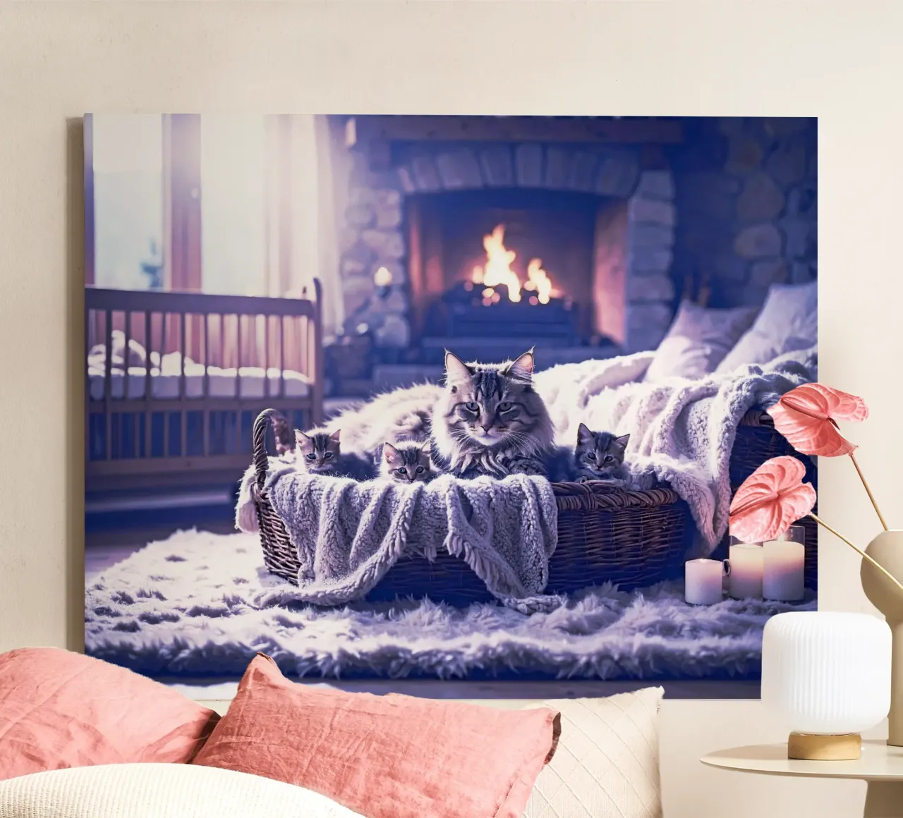 CHATTE ET TROIS CHATONS. Mauve canvas met Baklijst van Thierry vobmann photography