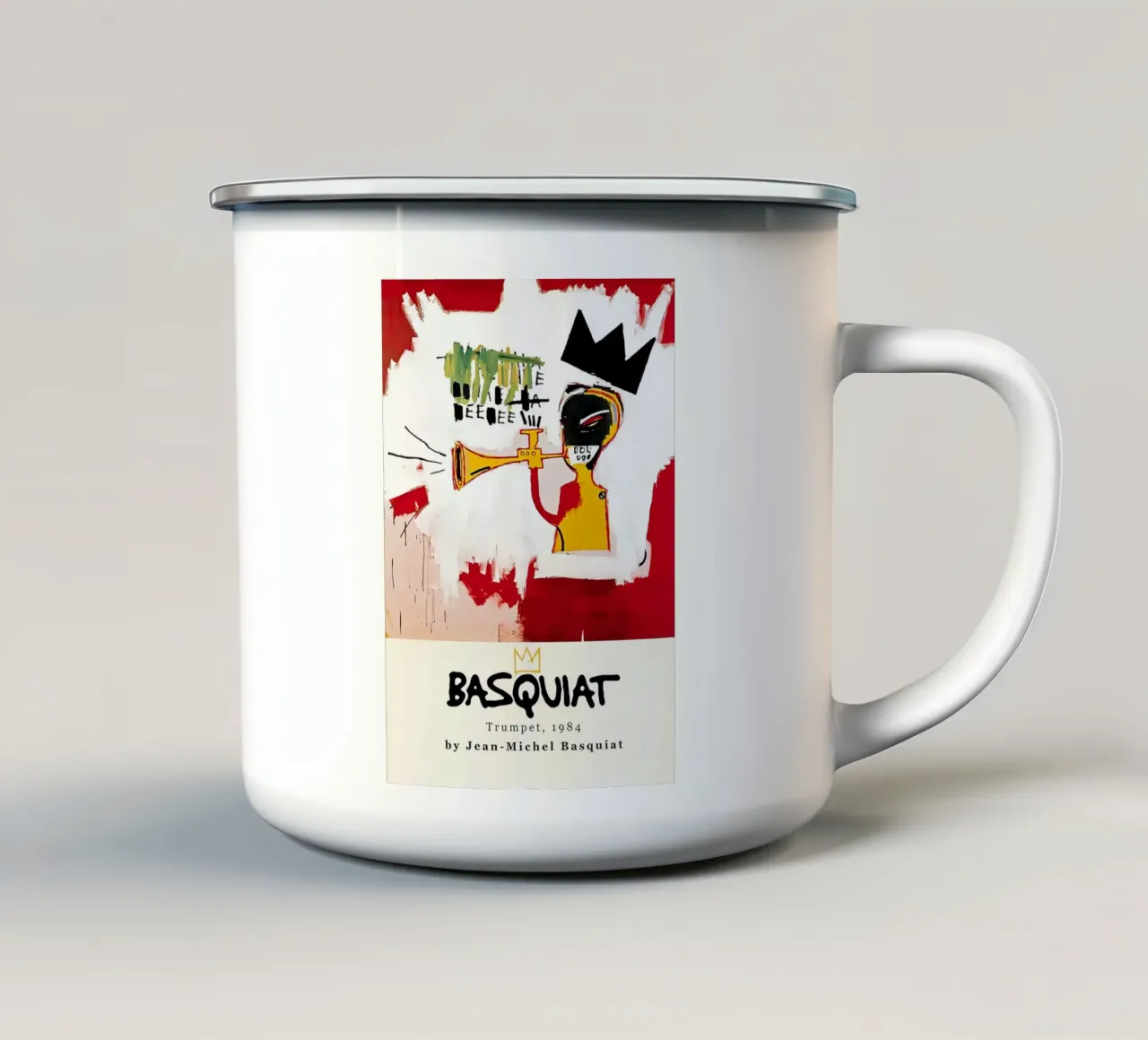 Basquiat "Trompet" Neo-expressionistische muziek & kroon 1984 emaille mok van NorwesClub