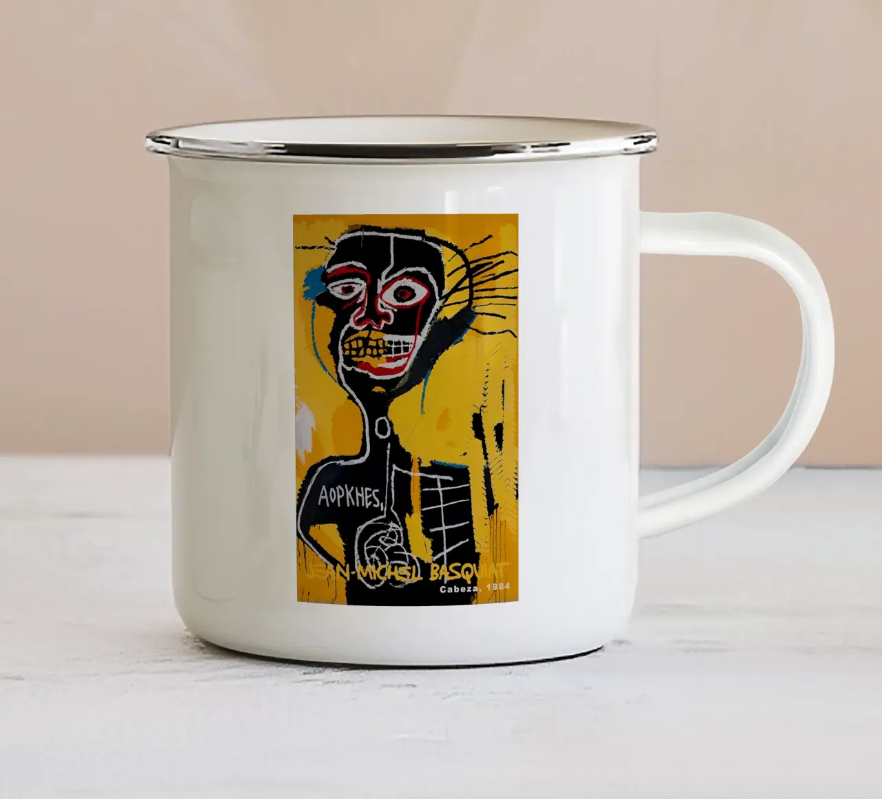 Ritratto di teschio neo-espressionista di Basquiat "Cabeza" 1984 tazza in smalto da NorwesClub