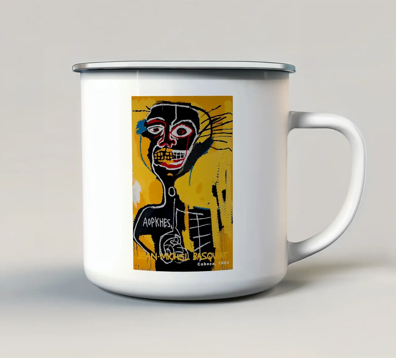 Ritratto di teschio neo-espressionista di Basquiat "Cabeza" 1984 tazza in smalto da NorwesClub