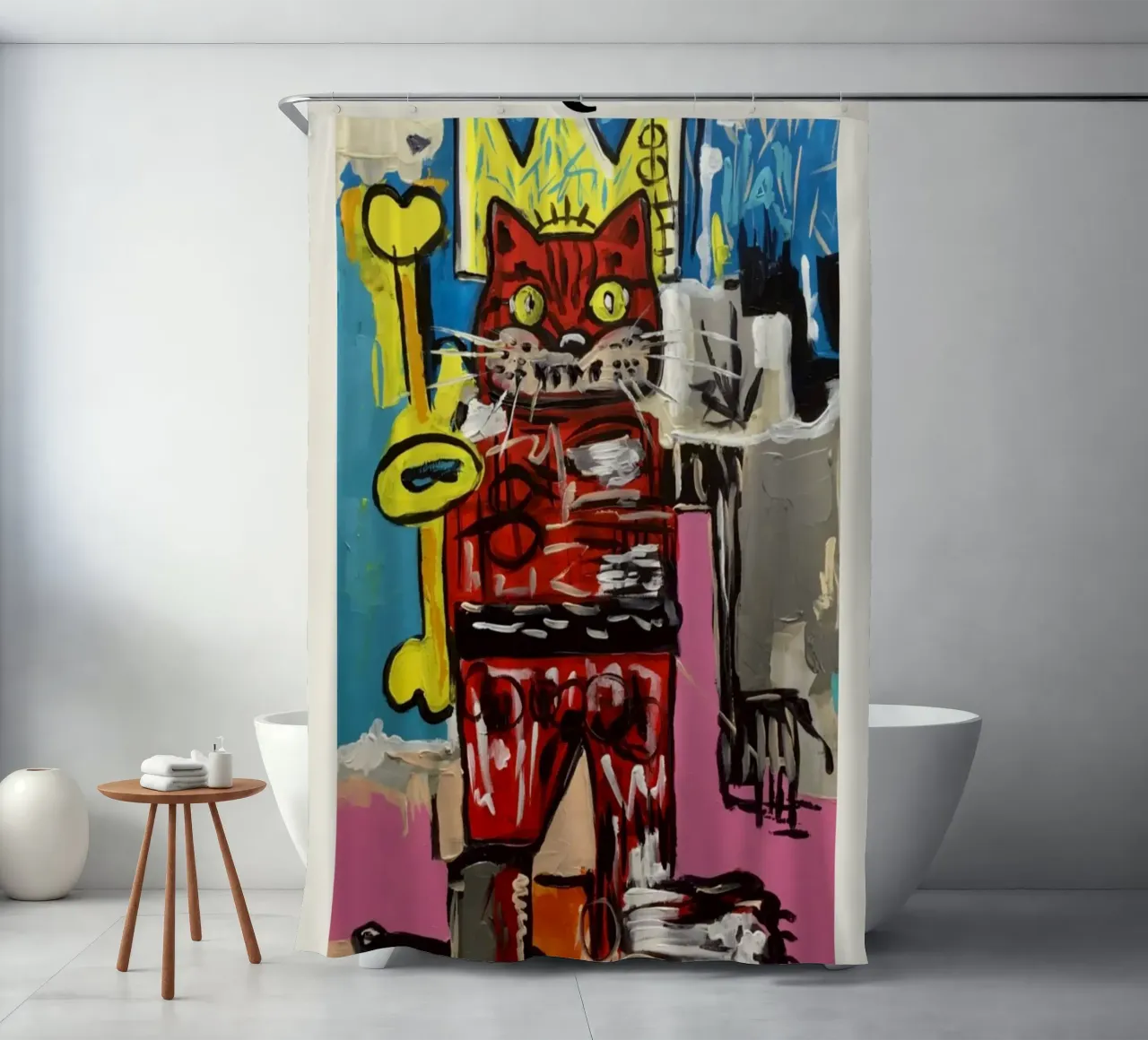 Basquiat "Gatto" Neo-espressionista Incoronato Felino Pop Art tenda da doccia da NorwesClub