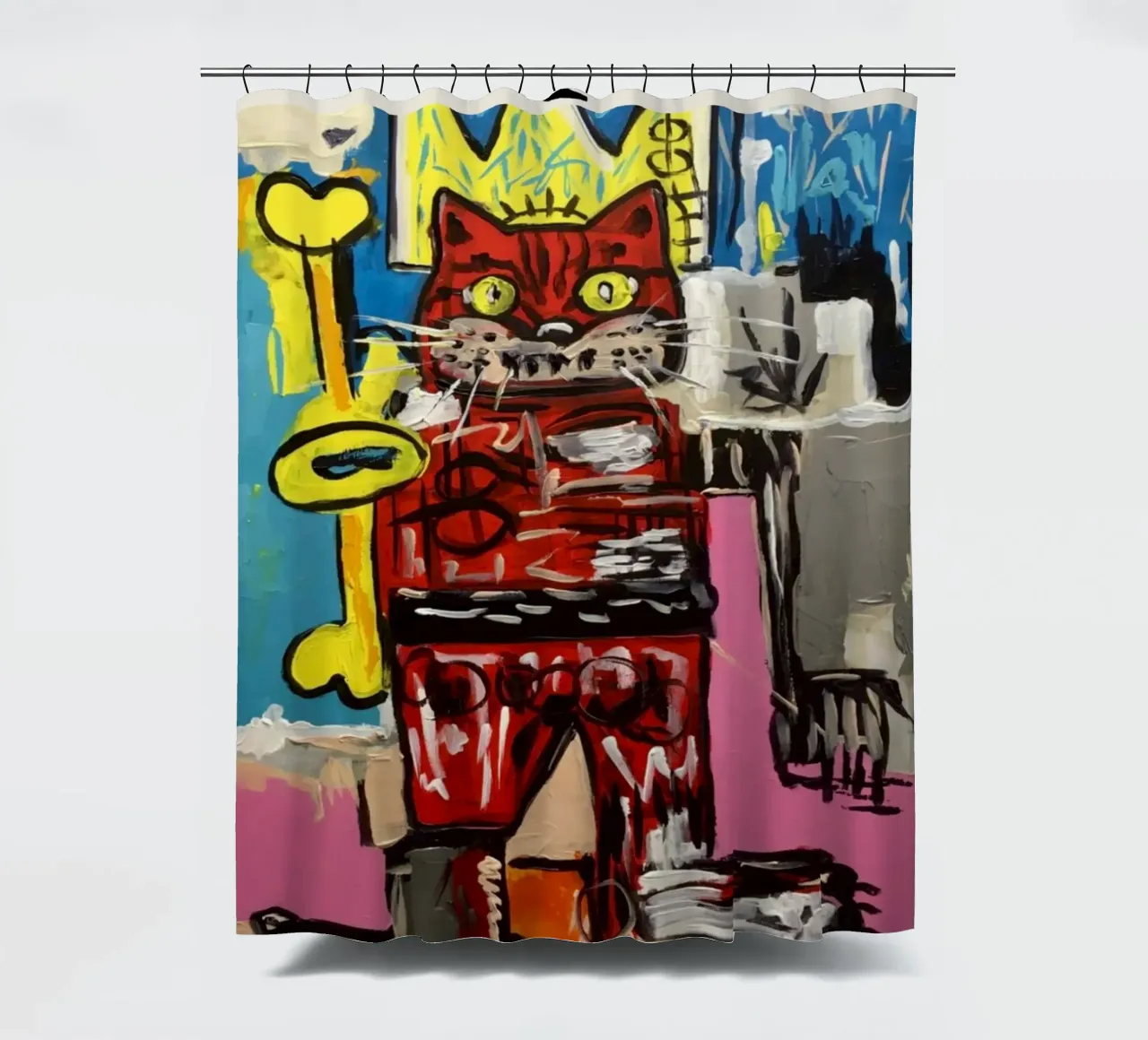 Basquiat "Gatto" Neo-espressionista Incoronato Felino Pop Art tenda da doccia da NorwesClub