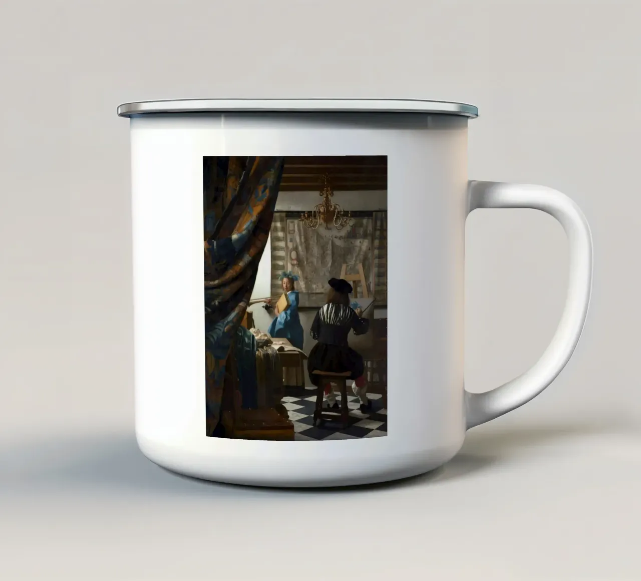 vermeer - un pittore nel suo studio, che dipinge un modello femminile tazza in smalto da The Dinda