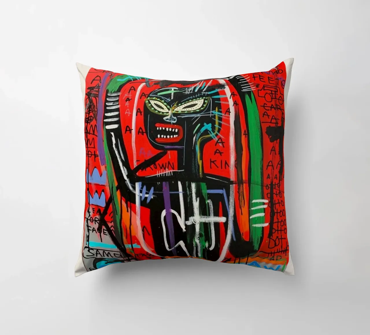 Ritratto neo-espressionista di Basquiat "Crown King" Red Power cuscino da NorwesClub