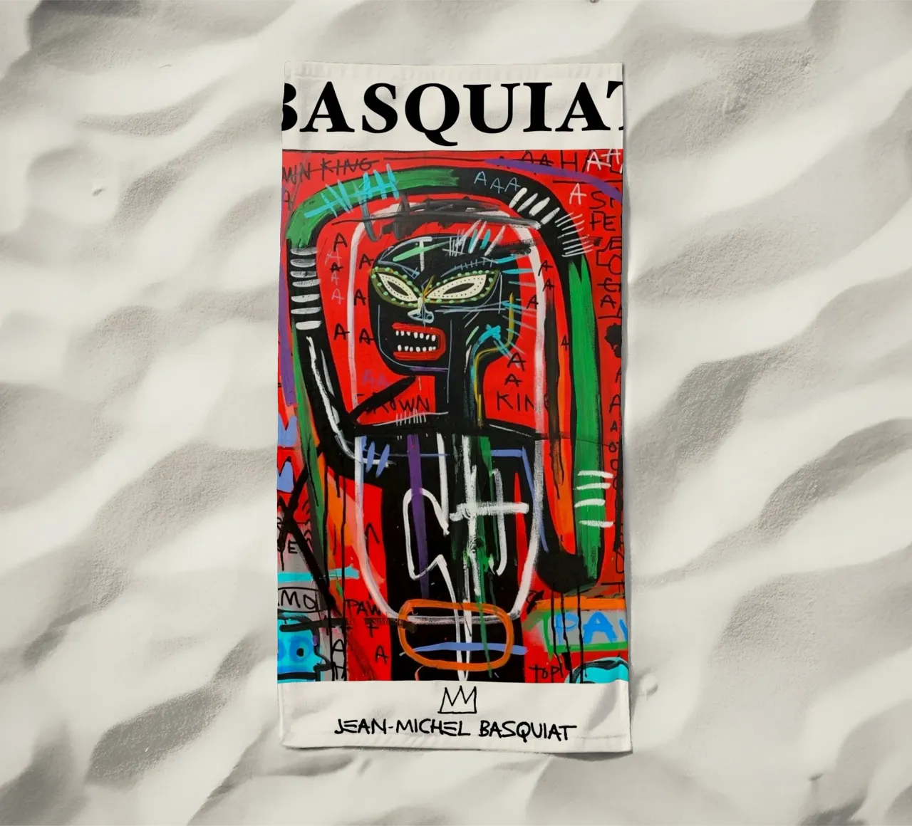 Ritratto neo-espressionista di Basquiat "Crown King" Red Power telo mare da NorwesClub