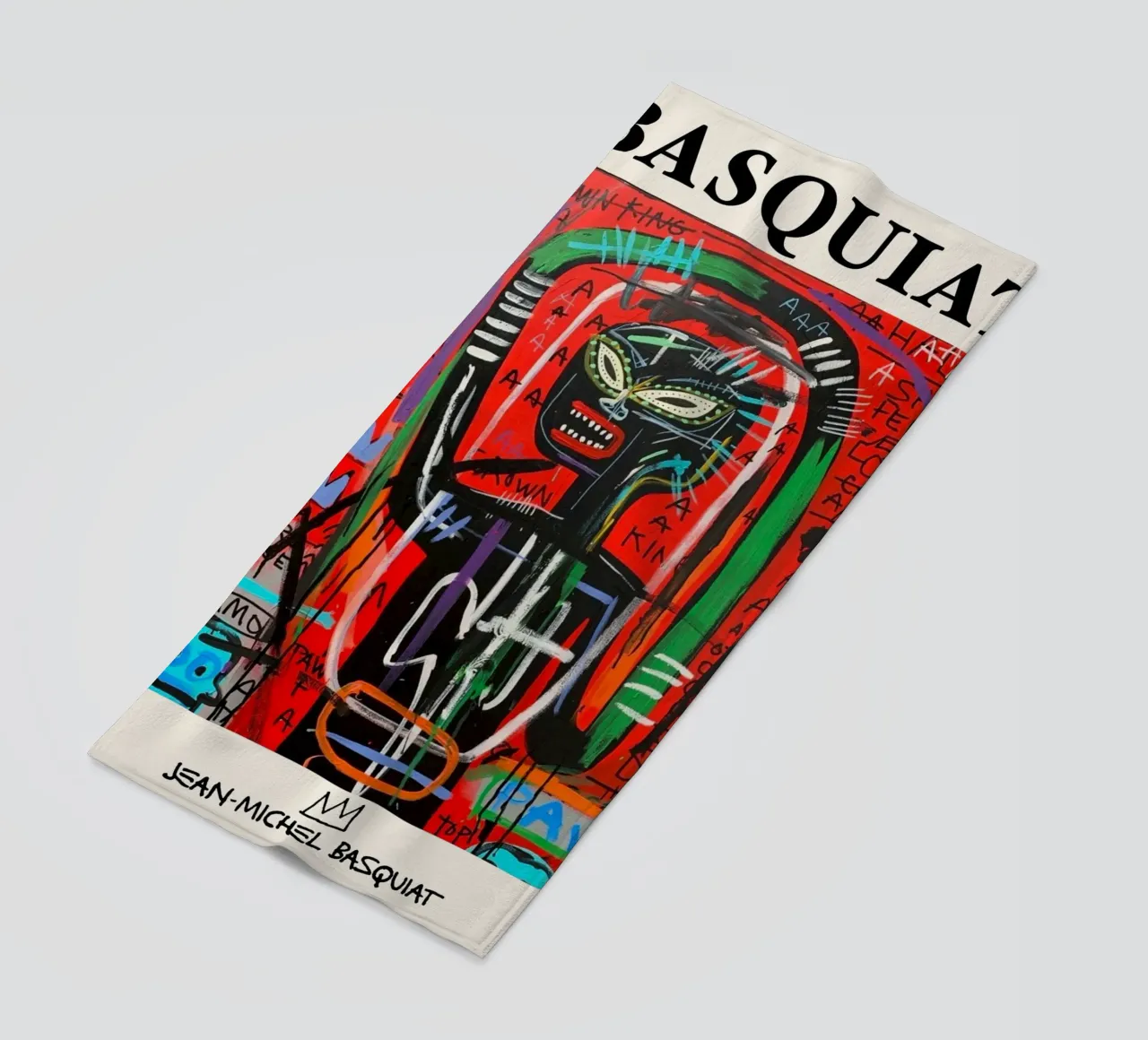Ritratto neo-espressionista di Basquiat "Crown King" Red Power telo mare da NorwesClub