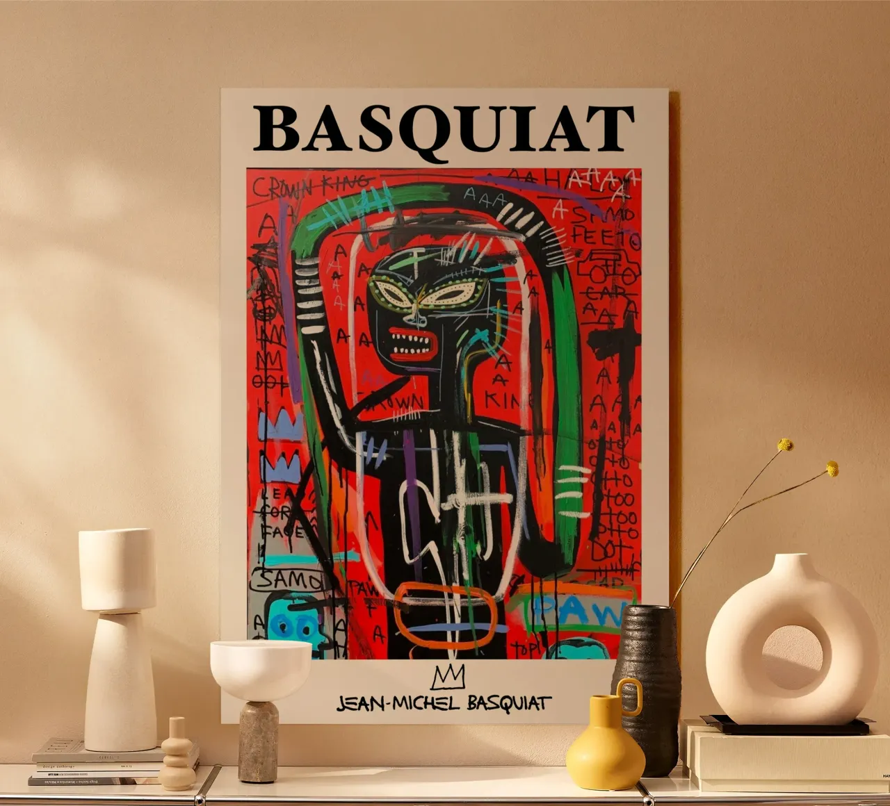 Ritratto neo-espressionista di Basquiat "Crown King" Red Power alluminio dibond da NorwesClub