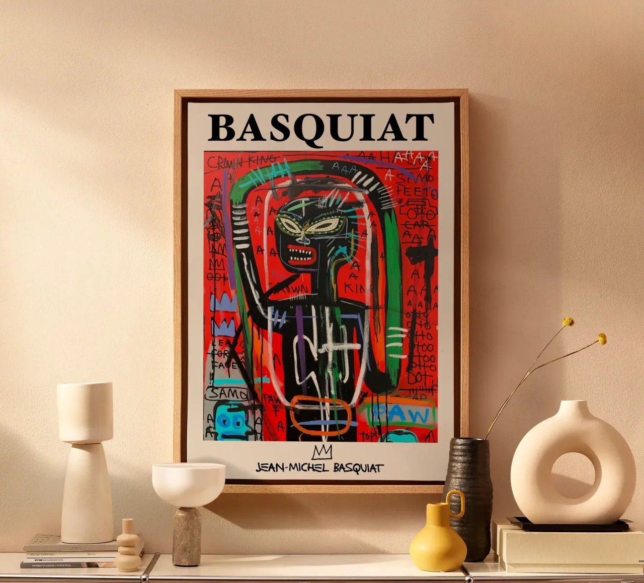 Basquiat "Crown King" Neo-Expressionist Red Power Portrait canvas with Floater frame by NorwesClub