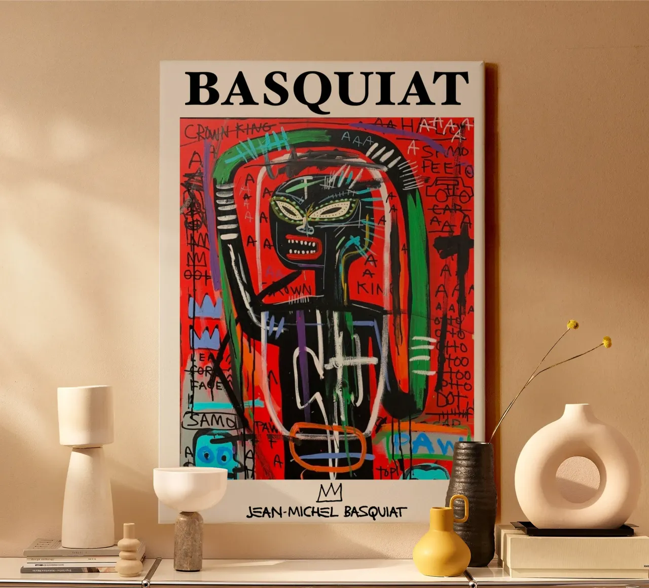 Basquiat "Crown King" Neo-Expressionist Red Power Portrait canvas with Floater frame by NorwesClub