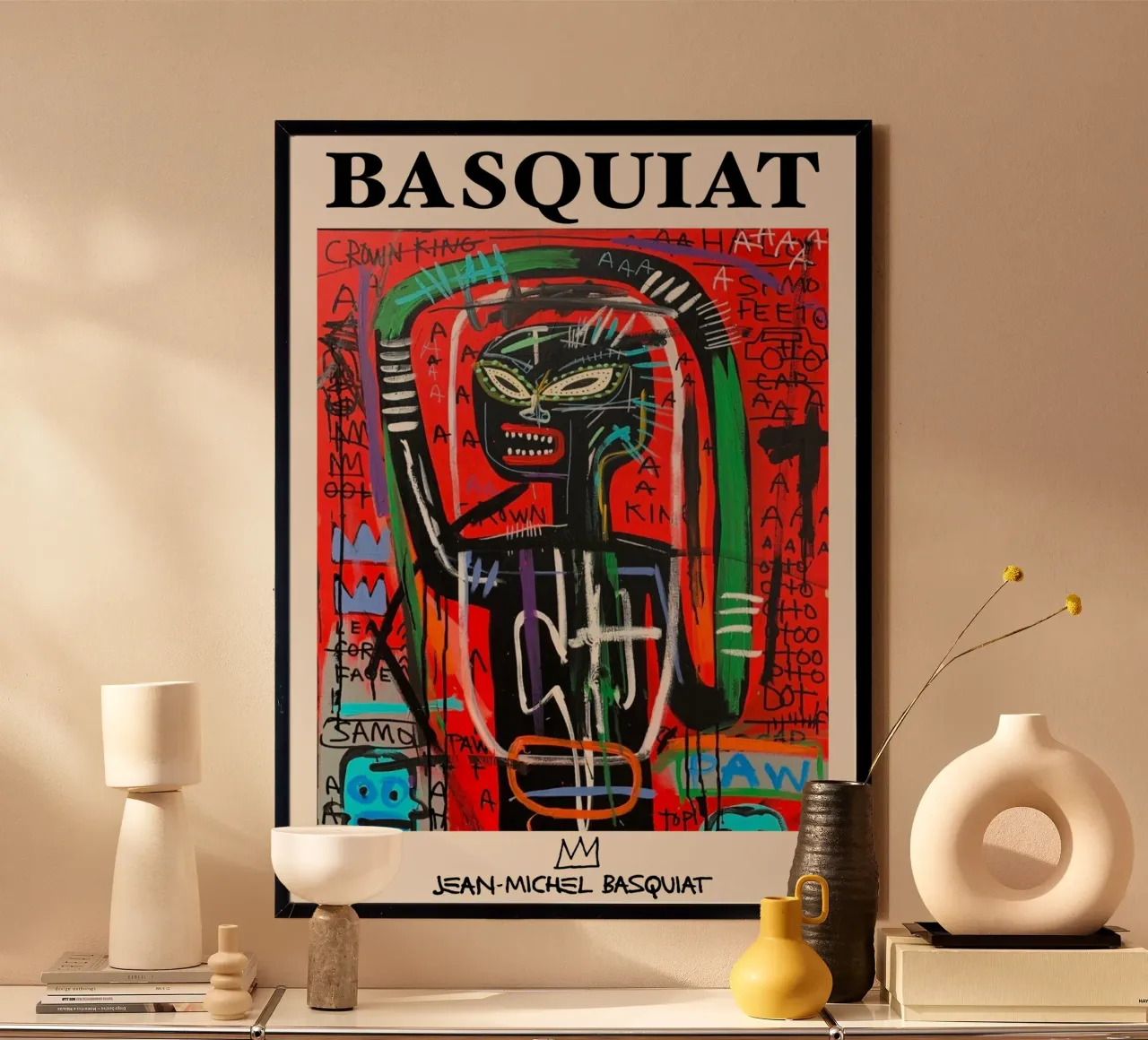 Basquiat "Crown King" Portrait néo-expressionniste Red Power poster avec cadre en aluminium de NorwesClub