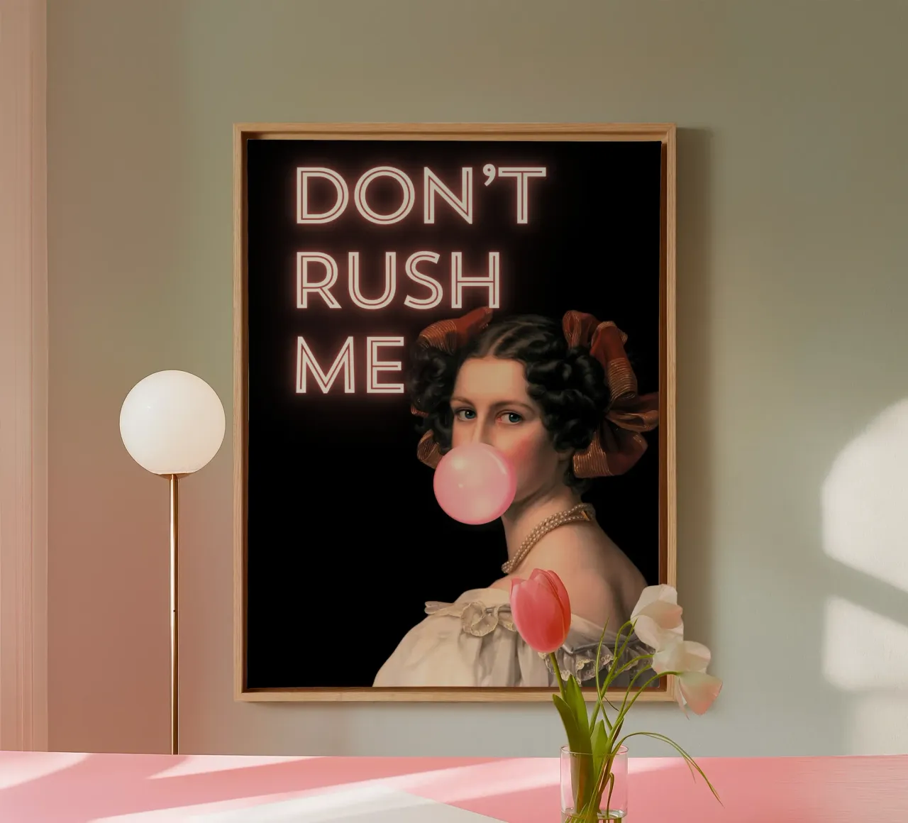 "Don't Rush Me" - Pop-Art, Neon-Glühen, klassischer Remix, Empower Leinwand mit Schattenfugenrahmen von NorwesClub