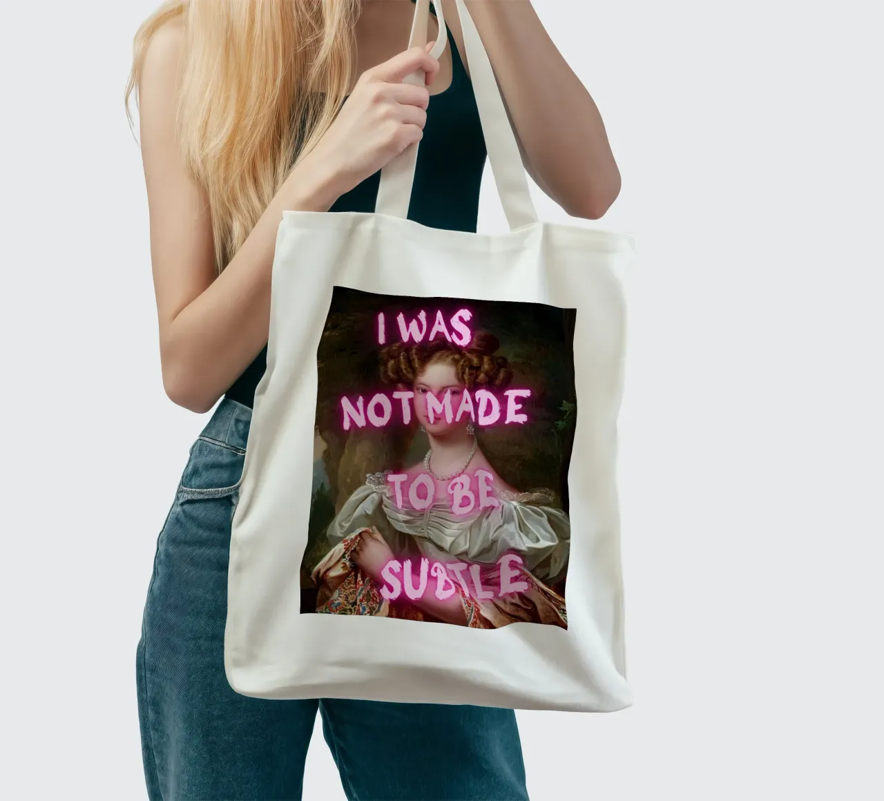 "Not Subtle" - Pop Art, Remix classico, Empowerment, Pin al neon borsa in juta da NorwesClub