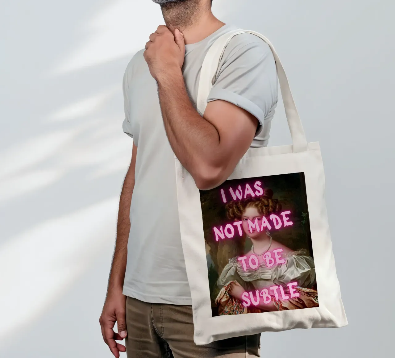 "Not Subtle" - Pop Art, Remix classico, Empowerment, Pin al neon borsa in juta da NorwesClub