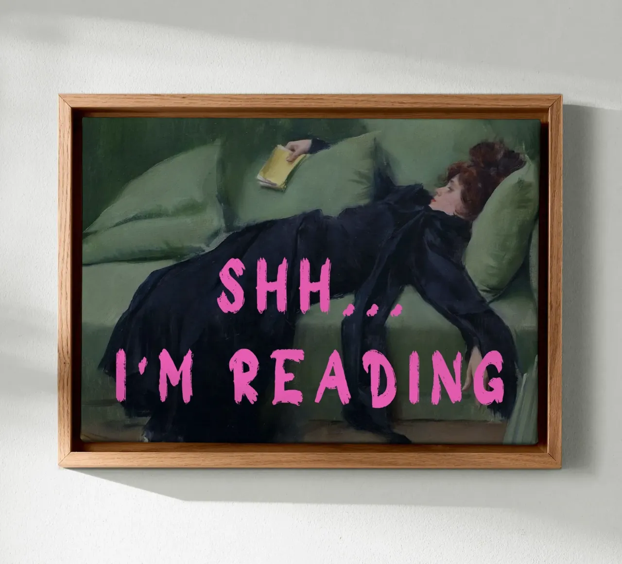 "Shh... I'm Reading" - Classic Remix, Humorous, Relaxing, Po canvas with Floater frame by NorwesClub