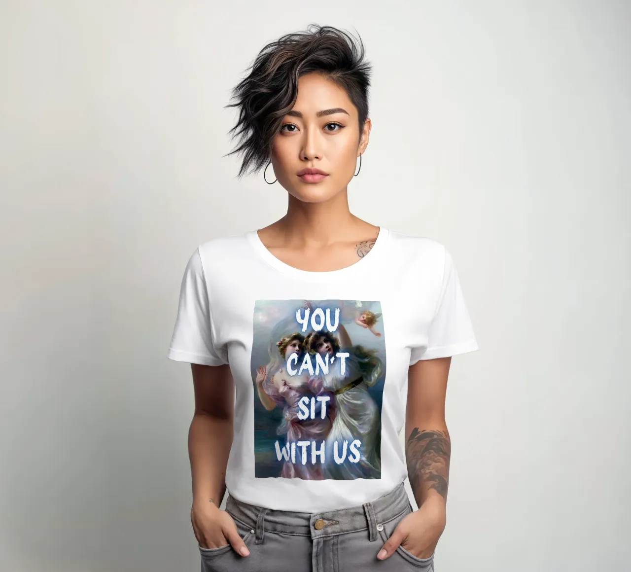 "Can't Sit With Us" - Pop Art, Renaissance Remix, Meme Cultu women's fitted t-shirt by NorwesClub