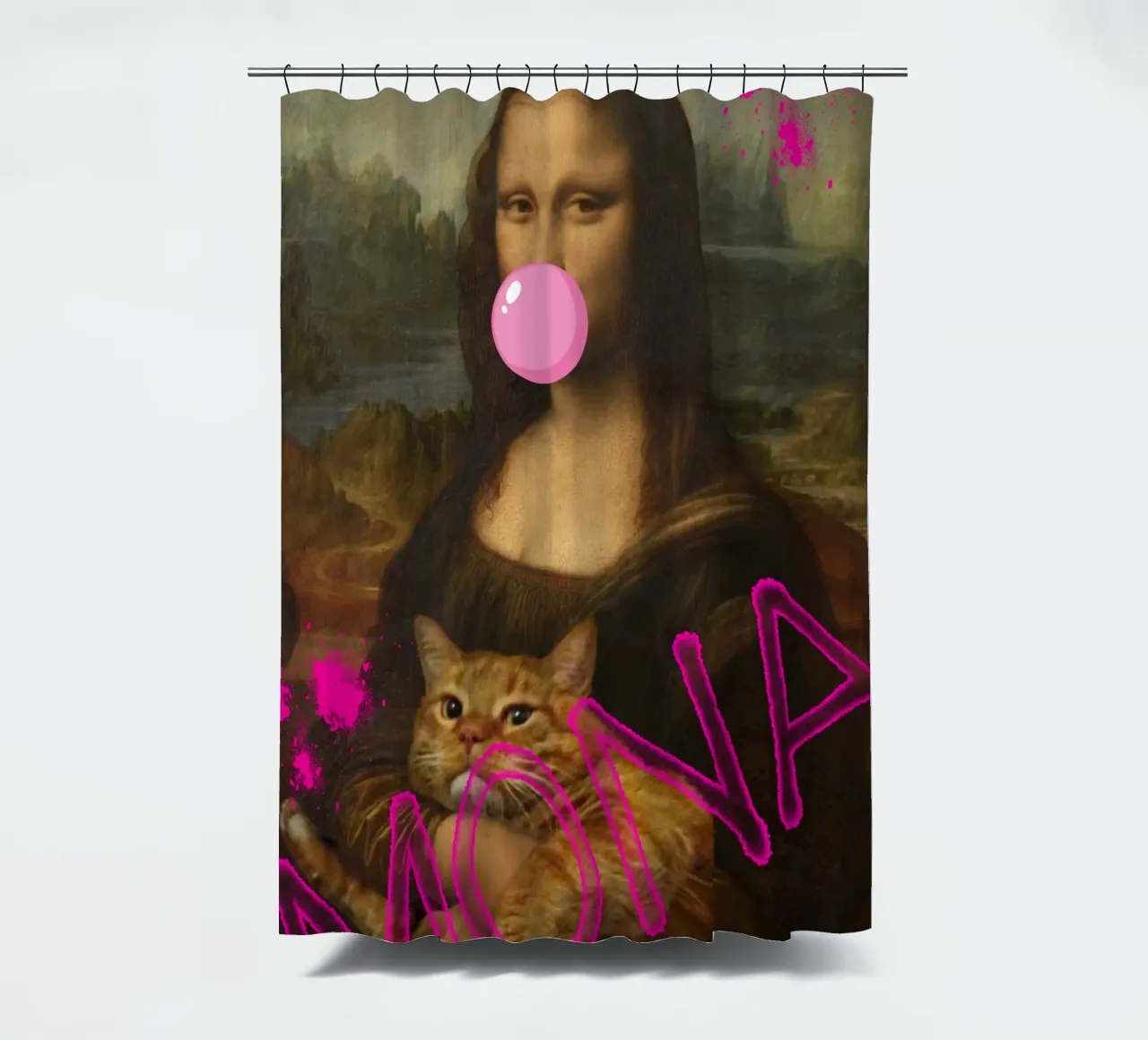 "Mona & Bubble" - Da Vinci Remix, Pop Art, Cat Lover, Playfu shower curtain by NorwesClub