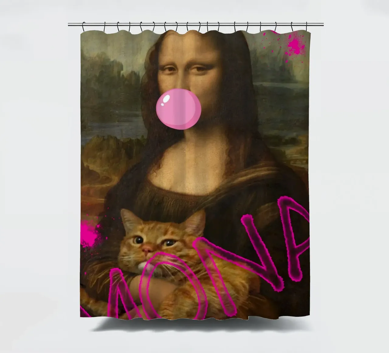 "Mona & Bubble" - Da Vinci Remix, Pop Art, Cat Lover, Playfu shower curtain by NorwesClub