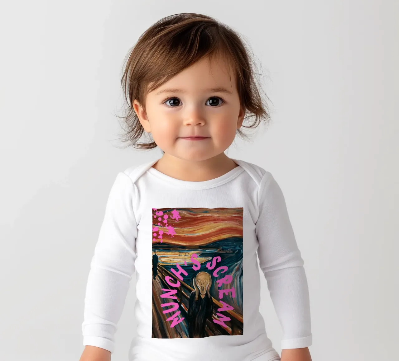 "Munch's Scream" - Pop Art, Expressionism Remix, Humorous, B long-sleeve baby romper by NorwesClub