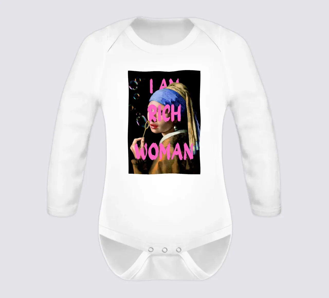 "Donna ricca con perla" - Vermeer Remix, Pop Art, Lusso, Pi body neonato maniche lunghe da NorwesClub