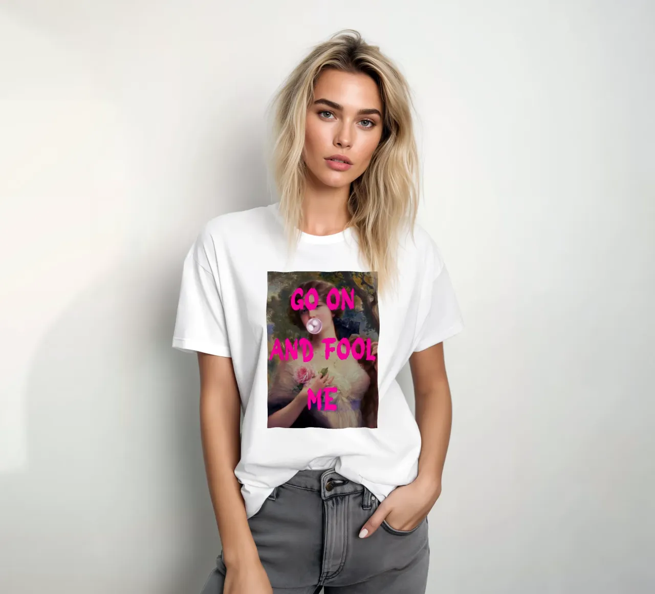 "Go On and Fool Me" - Pop Art, Remix classico, giocoso, rosa t-shirt da NorwesClub