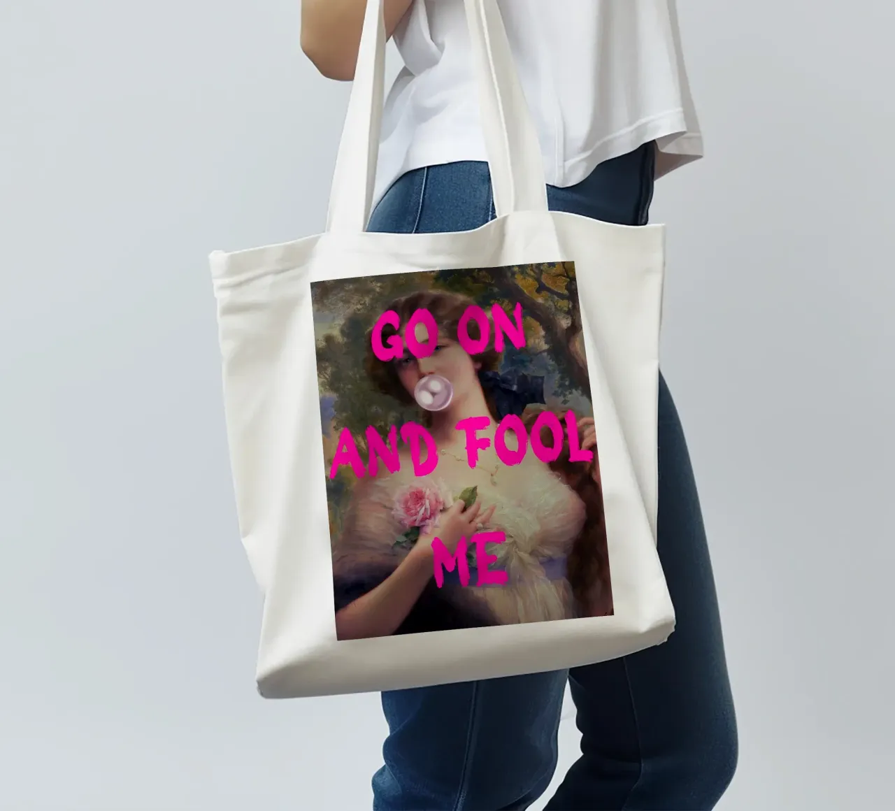 "Go On and Fool Me" - Pop Art, Remix classico, giocoso, rosa borsa in juta da NorwesClub