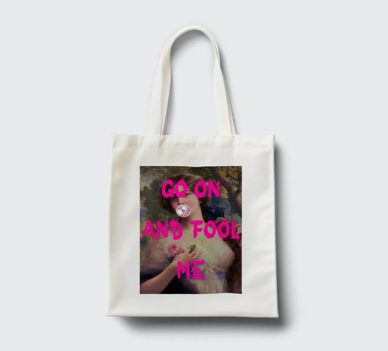 "Go On and Fool Me" - Pop Art, Remix classico, giocoso, rosa borsa in juta da NorwesClub