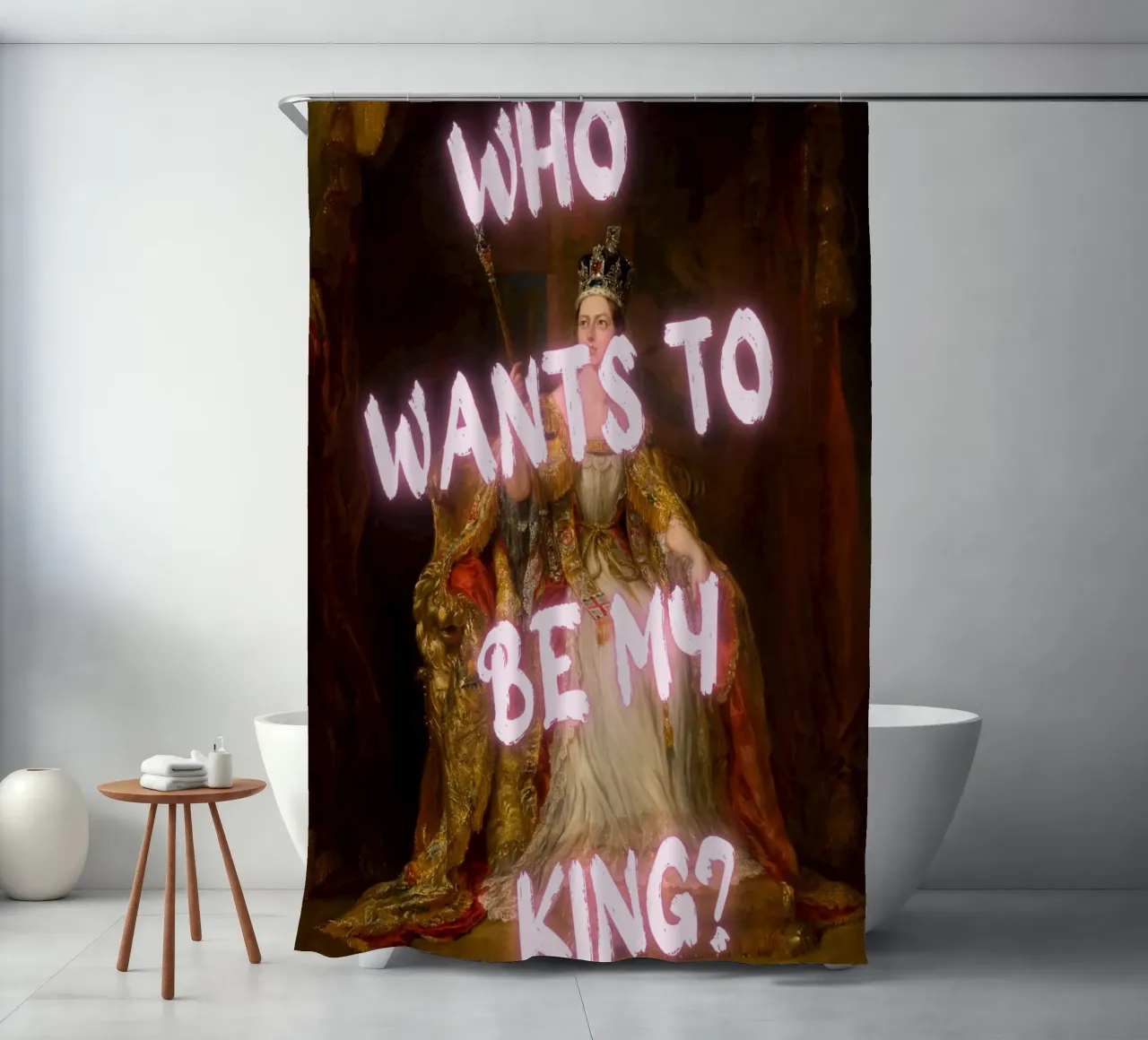 "¿Quiere mi rey?" - Mokaky, Pop Art, Realeza, Empoderamiento, Hu cortina de baño de NorwesClub