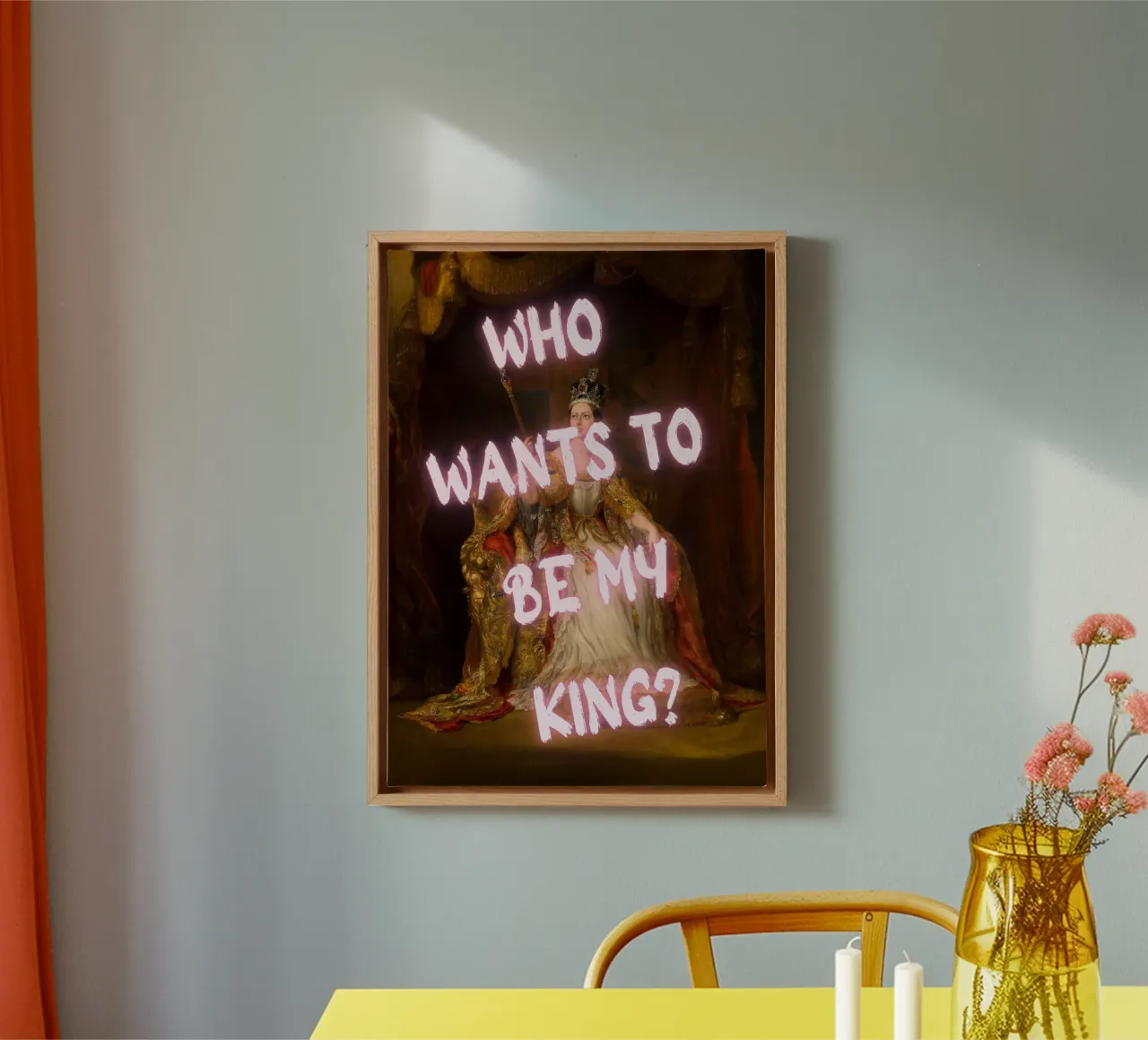 "¿Quiere mi rey?" - Mokaky, Pop Art, Realeza, Empoderamiento, Hu lienzo con Marco flotante de NorwesClub