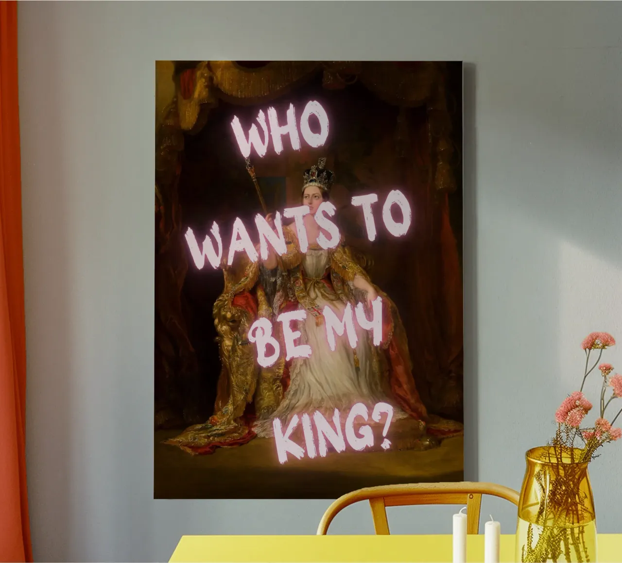 "¿Quiere mi rey?" - Mokaky, Pop Art, Realeza, Empoderamiento, Hu lienzo con Marco flotante de NorwesClub