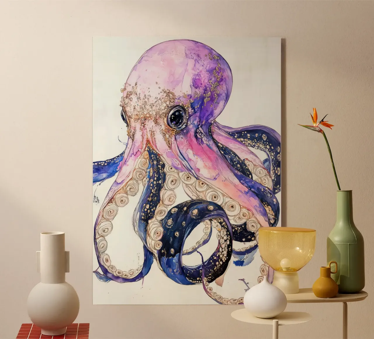 Pink octopus acryl van Justyna Jaszke JBJart