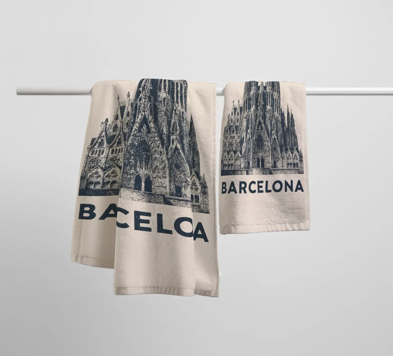 Barcelona Monumental - Linocut Series asciugamano da bagno da Studio Mooodz