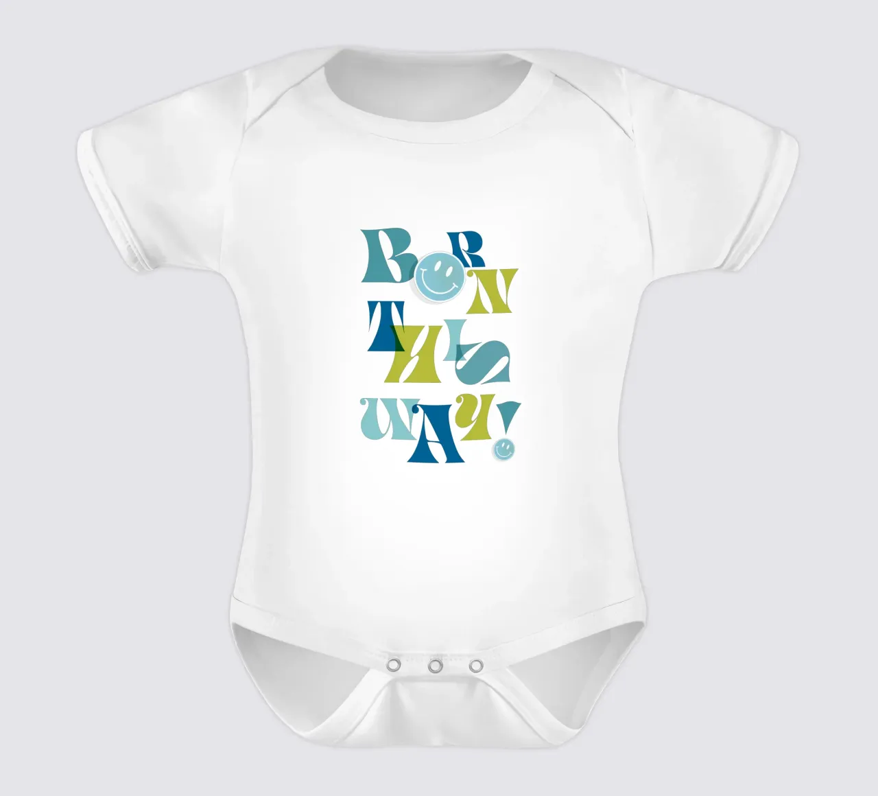Orgoglio tipografico "BORN THIS WAY" blu e verde body neonato maniche corte da Dominique Vari Words