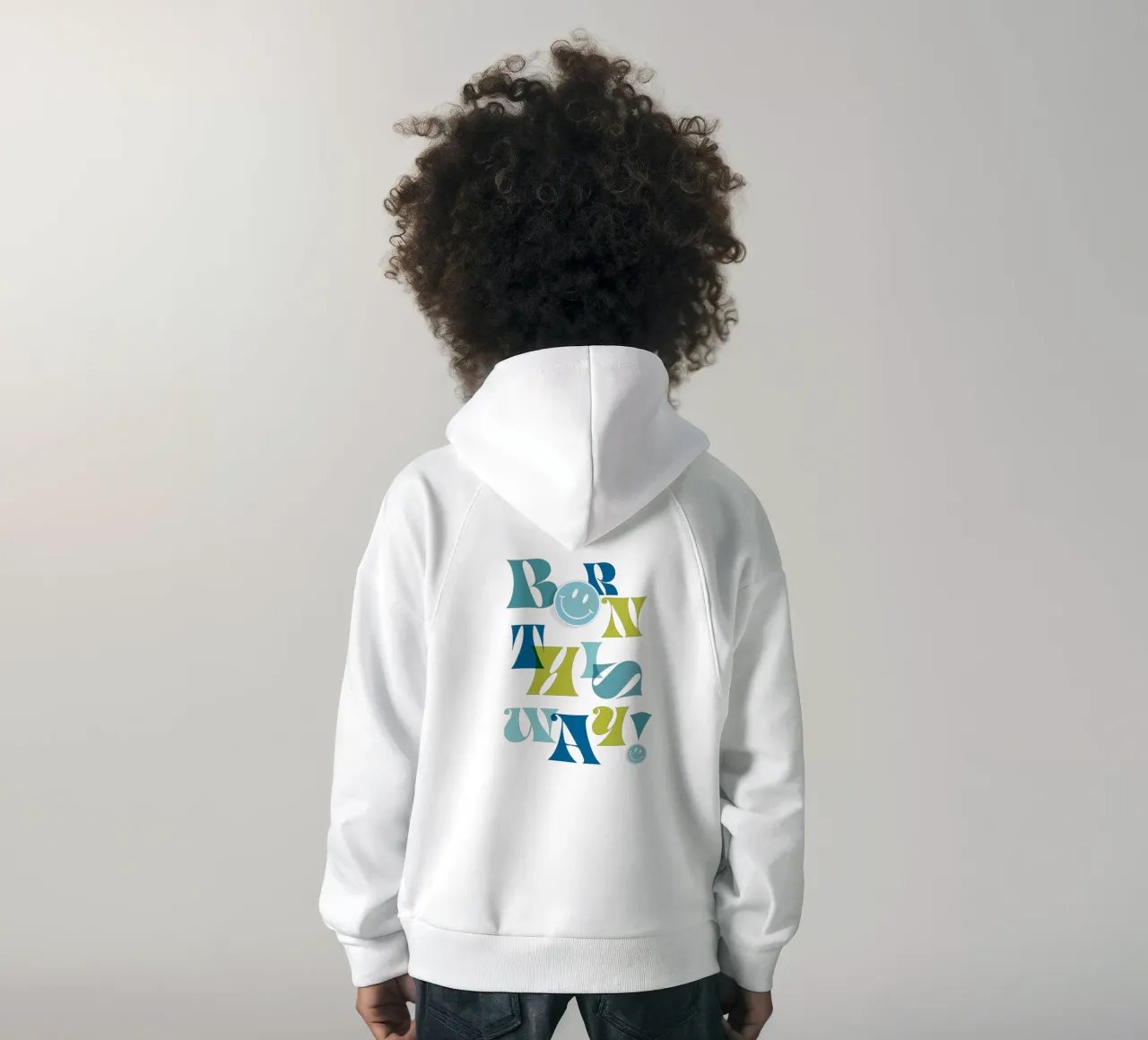 Orgoglio tipografico "BORN THIS WAY" blu e verde felpa bambino con cappuccio da Dominique Vari Words