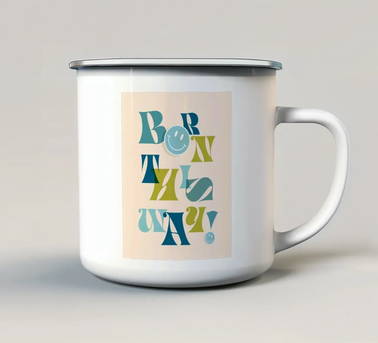 Orgoglio tipografico "BORN THIS WAY" blu e verde tazza in smalto da Dominique Vari Words