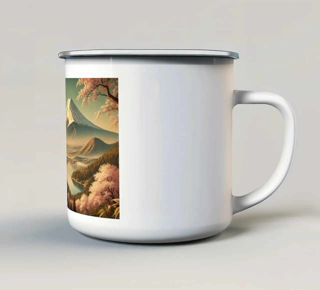 Poster d'epoca sul Giappone, Monte Fuji tazza in smalto da Chromatic Fusion Studio