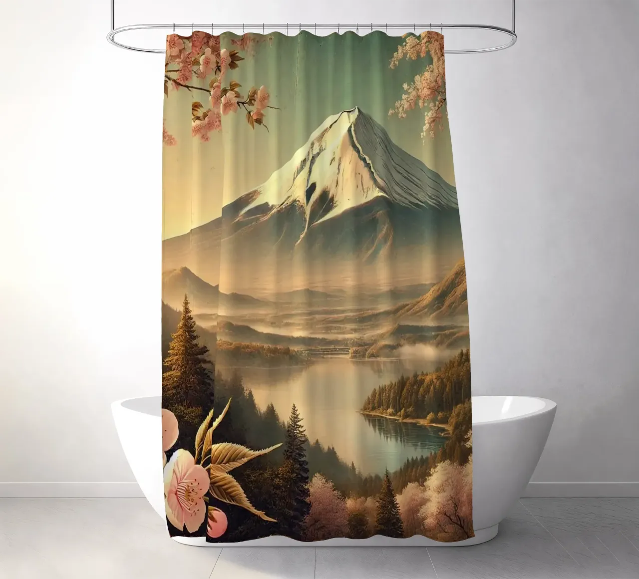 Vintage Japan, Mount Fuji Poster shower curtain by Chromatic Fusion Studio