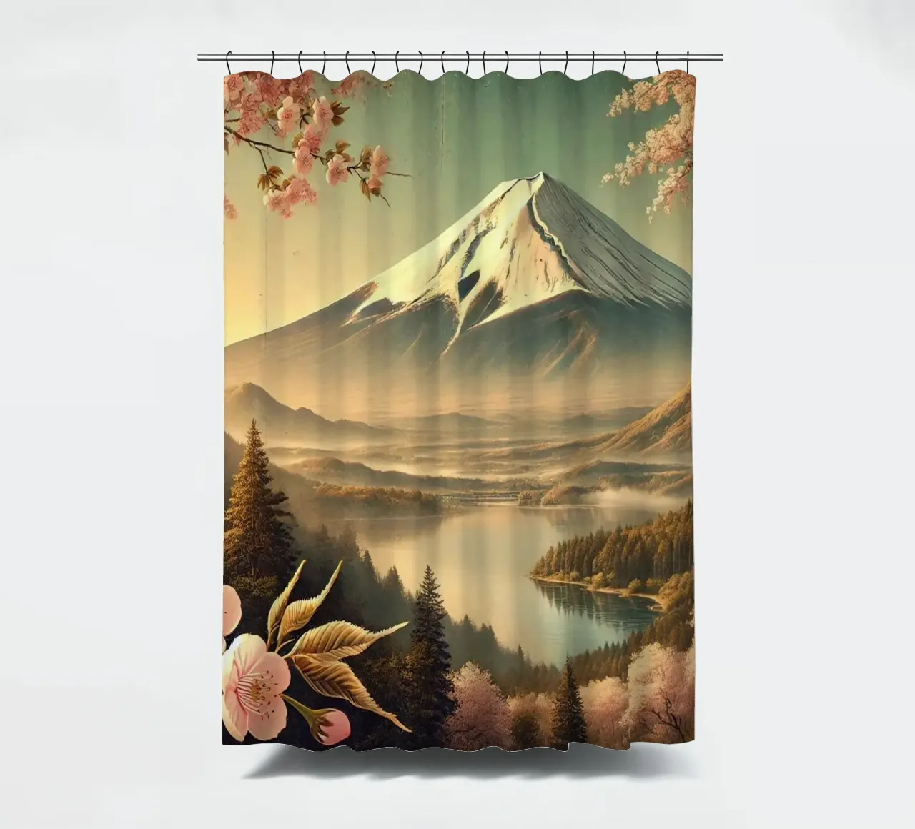 Vintage Japan, Mount Fuji Poster shower curtain by Chromatic Fusion Studio