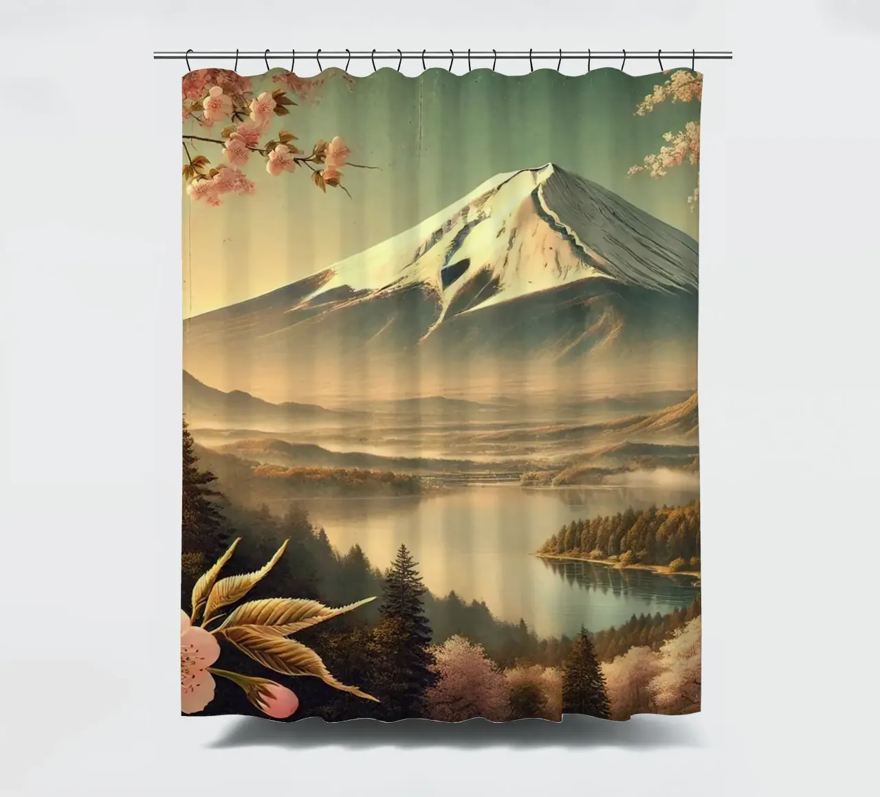 Vintage Japan, Mount Fuji Poster shower curtain by Chromatic Fusion Studio