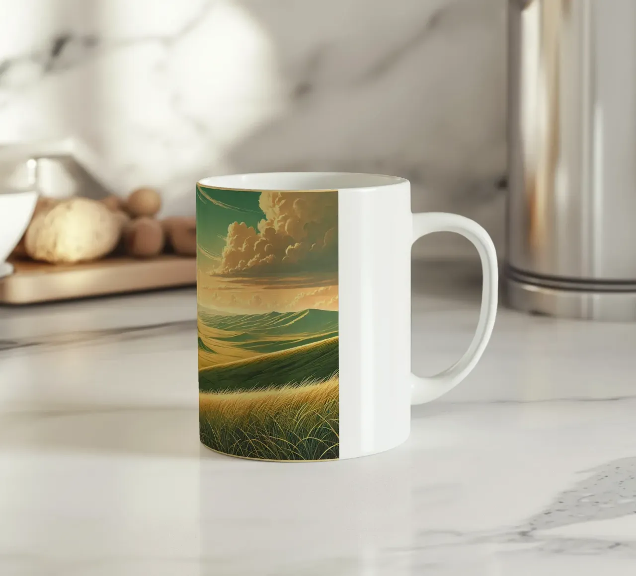 Poster d'epoca Mongolia, steppe infinite tazza in ceramica da Chromatic Fusion Studio